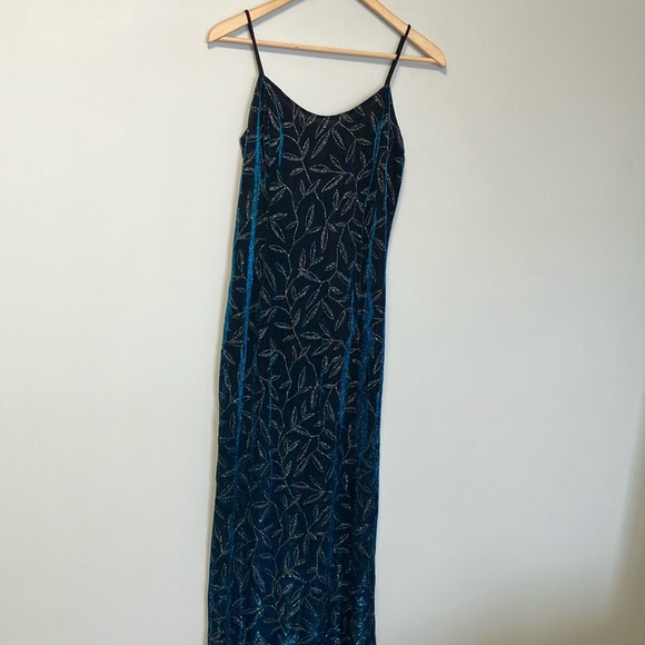 Jessica McClintock Gunne Sax Floral Blue Silver Iridescent Maxi Slip Dress - Picture 4 of 6